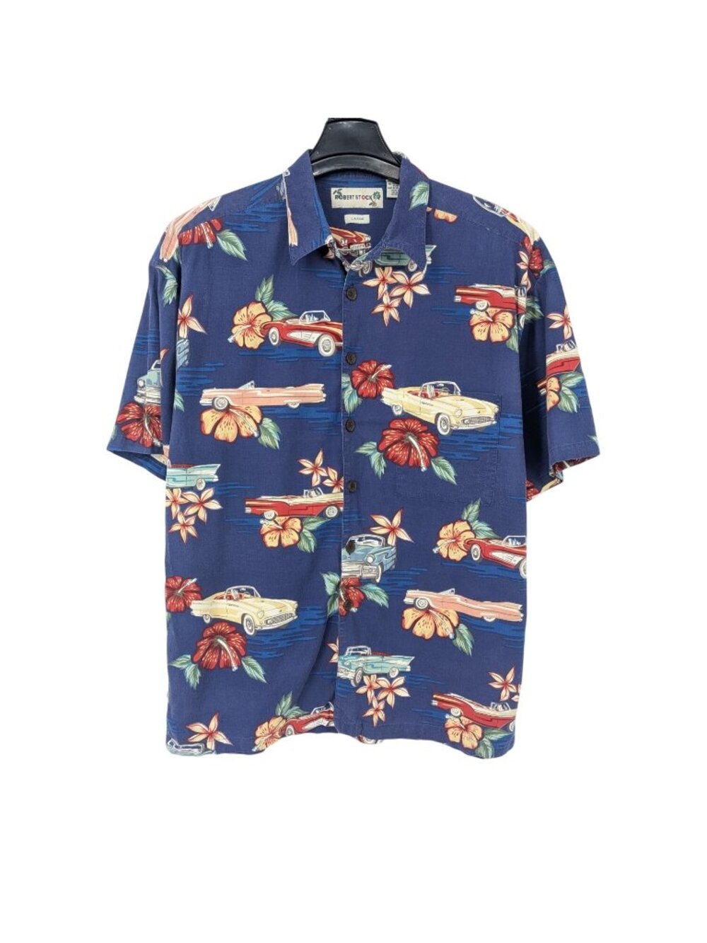 Vintage Robert Stock Hawaiian Shirt Button Up Classic Cars Floral Coastal Large